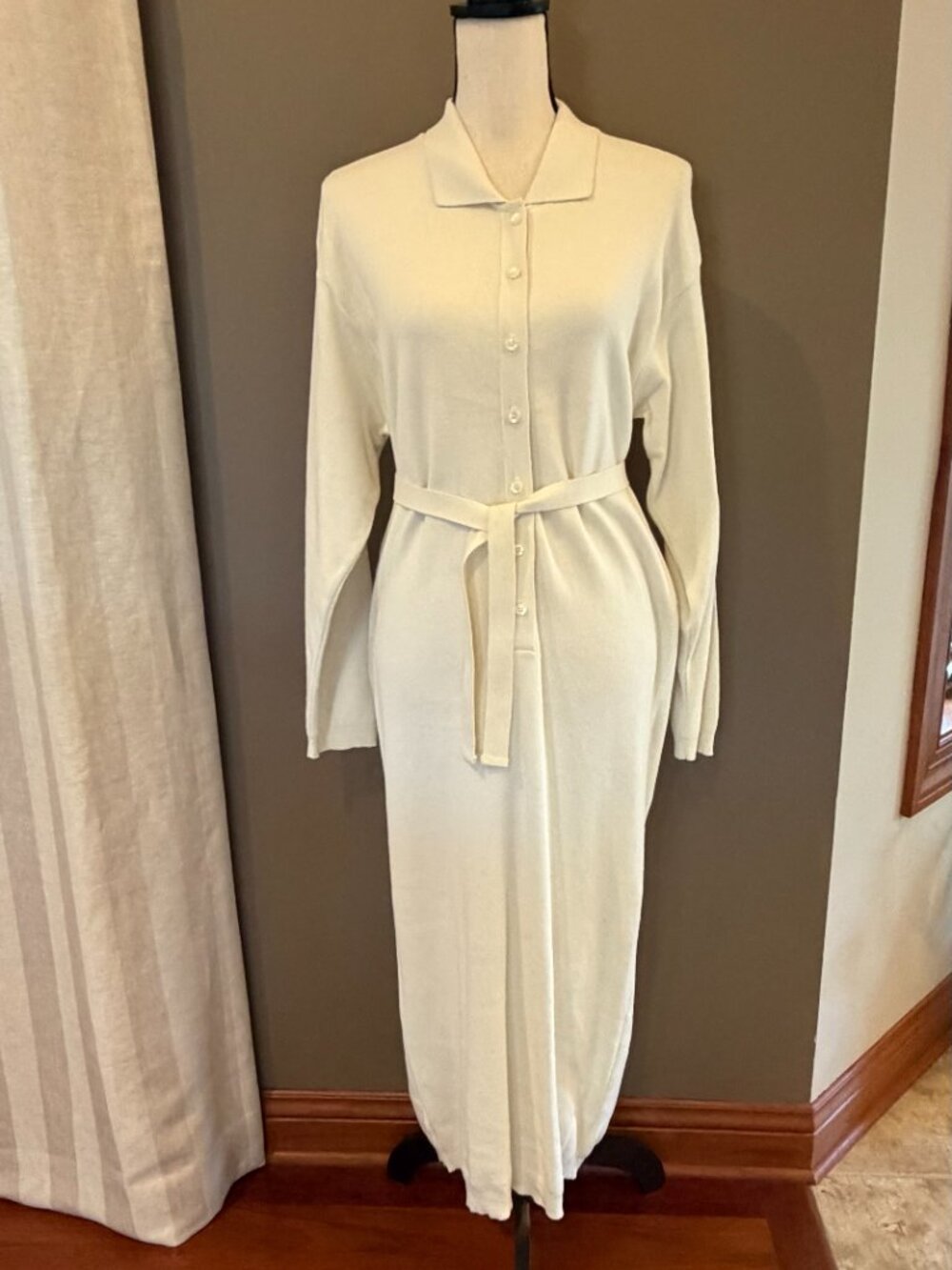Vintage Luxury Cotton Polo Ivory Sweater Knit Midi Dress Button Down, Size Small
